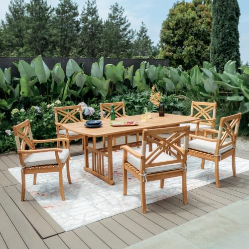Cambridge Casual Sierra 7 Piece Teak Outdoor Dining Set with Extendable Dining Table, Includes 6 Dining Chairs with Seatpad, and Extendable Dining Table with Umbrella Hole