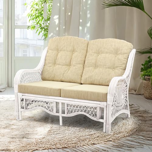 SunBear Furniture Lounge Malibu Loveseat Sofa ECO Natural Rattan Wicker Handmade Design with Cream Cushions, White