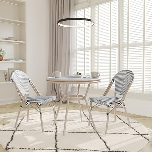 EMMA + OLIVER Massalia Indoor/Outdoor Bistro Set - Black & White Textilene - Light Natural Bamboo Frame