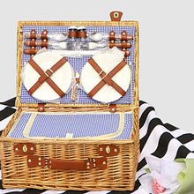 Wicker Picnic Basket Set for 4 Persons with Large Insulated Cooler Compartment, Willow Picnic Hamper Basket with Cutlery Service Kits for Camping, Wedding, Anniversary,Blue