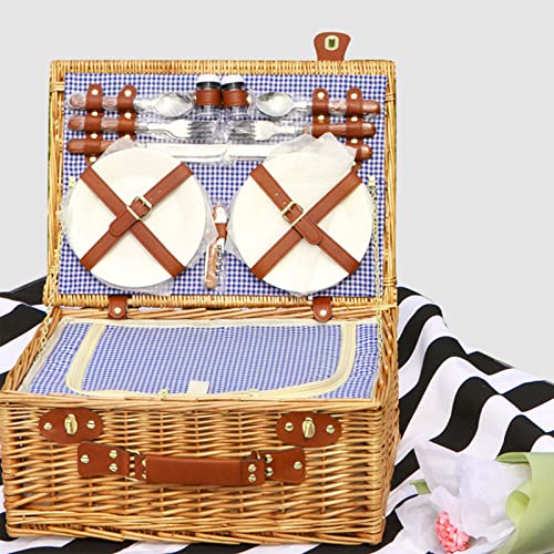 Wicker Picnic Basket Set for 4 Persons with Large Insulated Cooler Compartment, Willow Picnic Hamper Basket with Cutlery Service Kits for Camping, Wedding, Anniversary,Blue