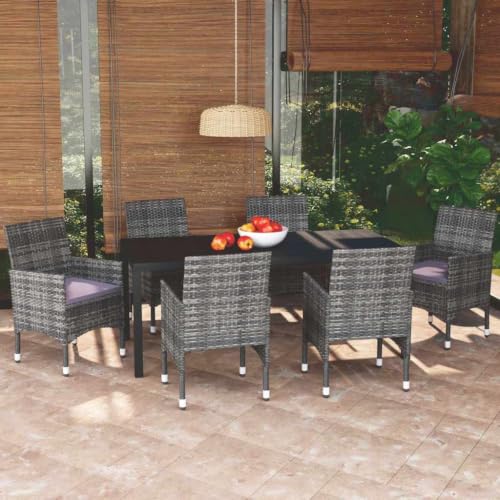 LPERTGFHU 7 Piece Patio Dining Set with Cushions, Outdoor Garden Furniture Includes Table and 6 Chairs, Poly Rattan and Aluminum Frame, Gray