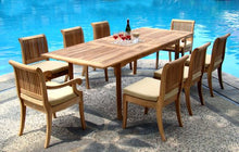WholesaleTeakFurniture Grade-A Teak Wood 8 Seater 9 Pc Dining Set: 94" Double Extension Rectangle Table & 8 Giva Chairs (6 Armless & 2 Arm/Captain) #WFDSGVk