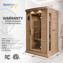 SteamSpa Hemlock Indoor Sauna 1-2 Person - Bluetooth, Oxygen Bar, Touch Control