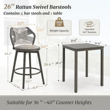 Cozyman 5-Piece Outdoor Bar Set with 360° Swivel Barstools, 4 Counter Height Bar Stools & 1 Table, Aluminum Frame with Boho Rattan Weave and Circular Cushion, Grey