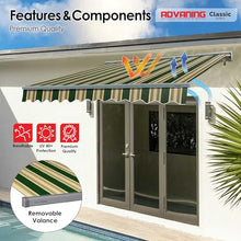 ADVANING Classic Series 12'X10' Manual Retractable Awning, 100% Acrylic UV+ Sun Shade Canopy, Green w/Beige Stripes, MA1210-A230H