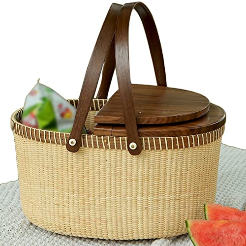 Wicker Picnic Basket with Portable Wine Table, Woven Basket with 2 Swing Handles, Empty Large Basket for Picnic, Outdoor, Camping, Family, Party, Wedding Gifts for Couple,B