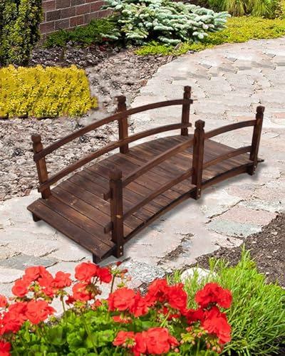 ZIMGOD Wooden Bridge for Garden Pond 4.6 5 6 ft, Outdoors Arch Walkway Bridge with Railing, Japanese Rustic Walking Bridge for Landscaping Backyard Path(140cm (4.6ft))