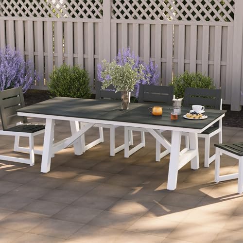 Costaelm Rectangle Patio Table, 8-Person Backyard Table 90" HDPE Dining Table with Umbrella Hole and Metal Frame for Outside, Garden, Poolside, Deck, Porch, Balcony, Gray