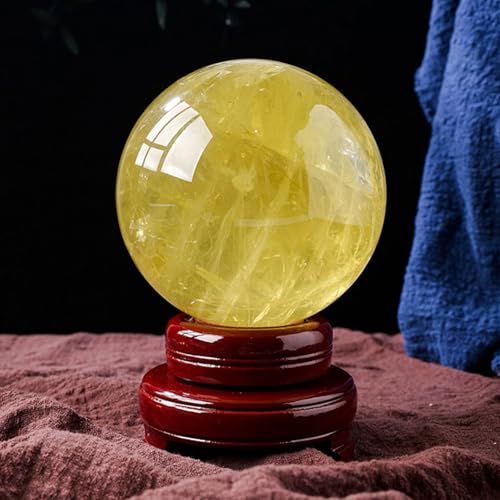 FOTCFATEV Yellow Quartz Crystal Sphere Gemstone Ball Divnation Feng Shui with Wooden Stand Sculpture Figurine for Home Office Decoration,100mm