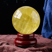 FOTCFATEV Yellow Quartz Crystal Sphere Gemstone Ball Divnation Feng Shui with Wooden Stand Sculpture Figurine for Home Office Decoration,100mm