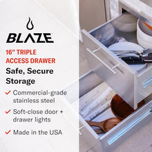 Blaze 16-Inch Triple Access Drawer – Made in USA Stainless Steel Outdoor Kitchen Storage with Soft-Close Drawers & LED Lighting