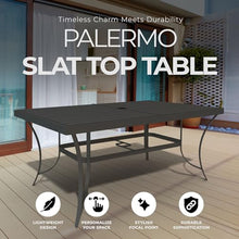 Four Seasons Courtyard Palermo Slat Top Table with Aluminum and Powder Coated Frame and Umbrella Hole for Outdoor Dining Tables, Gray