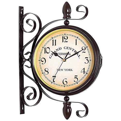 saditesdk Wall Clock, Wall Clock, Metal Frame & Waterproof Cover, Double-Sided Vintage Retro Hanging Bracket Clock for Indoor Outdoor，