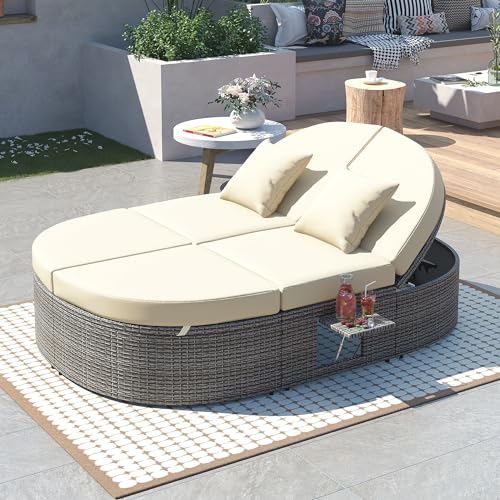 Merax Outdoor Sun Bed Patio 2-Person Daybed with Cushions and Pillows, Rattan Garden Reclining Chaise Lounge with Adjustable Backrests and Foldable Cup Trays for Lawn, Poolside, Beige