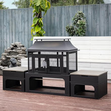 Deko Living 70 Inch Rectangular Outdoor Steel Woodburning Fireplace with Side Tables - Integrated Log Storage and Log Poker