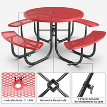 Hassyee Heavy Duty Outdoor Picnic Table and Build-in Benches Set with Mesh Design for Poolside,Garden, Patio Furniture Set with Steel Legs and Umbrella Hole for Park, Balcony (Red Round Table)
