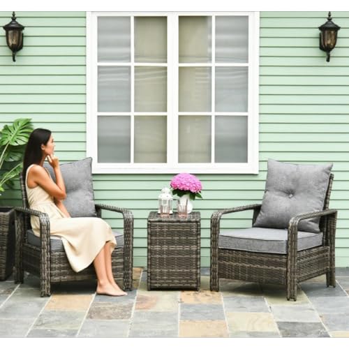 Hassyee Modern Design Outdoor Three-Piece Patio Bistro Furniture Set with Wicker Storage Coffee Table and Sofa Chair for Patio, Lawn & Garden