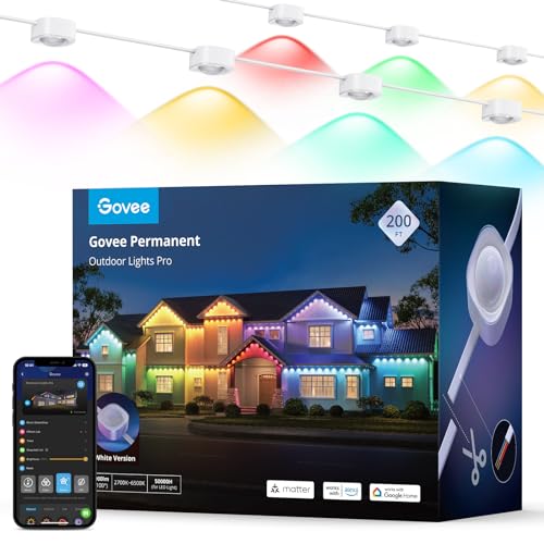 Govee 200ft Permanent Outdoor Lights Pro with 120 RGBIC LED, 75 Scene Modes, IP67 Waterproof, Works with Alexa - White
