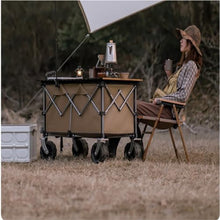Outdoor Beach Trolley Cart for Camping Picnics and Gatherings Portable Folding Table Pull Rod and Small Trailer Brown Color