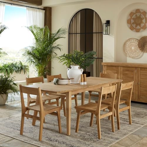 Touchstone Teak Eluna 7-Piece Outdoor Dining Set – Extendable Rectangular Patio Table with 6 Chairs – Grade A Fine-Sanded Teak Wood, All-Weather Construction
