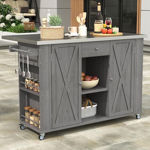 YATON 52" Outdoor Kitchen Island Grill Cart with Stainless Steel Foldable Top, Rolling BBQ Prep Table with Storage Cabinet, Drawer, Spice Racks & Lockable Wheels for Patio Backyard Cooking,Gray