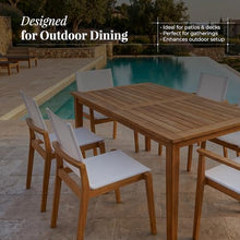 POVL Outdoor Menlo 7-Piece Teak Hardwood Patio Dining Set for 6 — 63" x 35.5” Compact Rectangular Grade A Teak Table, 2 Stacking Armchairs & 4 Stacking Side Chairs - for Small Patios & Decks (White)