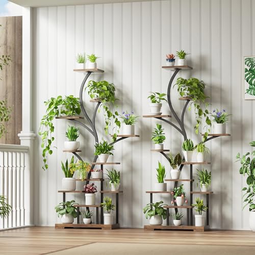 BELLEZE Set of 2 Metal Plant Stand with LED Grow Lights, 63 Inch 11-Tier Tall Indoor Plant Shelf & Corner Flower Display Rack for 15-18 Pots of Large Plants in Living Room, Bedroom, or Balcony (Brown)
