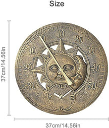 ZYBB Outdoor Garden Wall Clock, 12 Inch Large Retro Resin with Thermometer Indoor Outdoor Decoration Outside Clock Quartz Clock