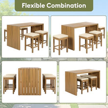 YOPTO 5 Piece Outdoor Bar Set, Patio Acacia Wood Bar Height Table & Four Stools with Cushions, Wood Dining Bar Set for Backyard, Poolside, Balcony, Beige
