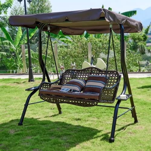 Double Person Patio Swing, Porch Swing with Adjustable Canopy & Cup Holders, Rattan Chair with Cushions and Pillows, Heavy Bearing, Garden Iron Rocking Chair