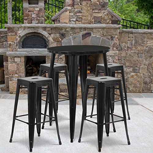 BizChair Commercial 30" Round Black Metal Bar Table Set-4 Square Seat Backless Stools