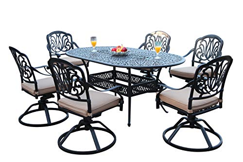 GrandPatioFurniture.com CBM Patio Elisabeth Collection Cast Aluminum 7 Piece Rosedown Dining Set with 6 Swivel Rockers SH257-6S CBM1290