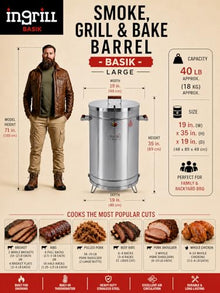 INGRILL Large 40 lbs Vertical Stainless Steel Barrel Smoker Grill, 3-in-1 Charcoal BBQ to Smoke, Grill & Bake, Low-Smoke Design with Complete 12-Accessory Kit for Backyard, Patio & Camping