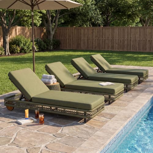 Christopher Knight Home Mina Set Of 4 Chaise Lounge Chair Outdoor With Steel Frame, Patio Outdoor Chaise Lounges with Wheels & Cushion, Adjustable Backrest Lounge Sofa With Rope Accent,Dark Gray+Green