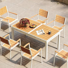 VredHom Outdoor Dining Table, 63"-83" Patio Extendable Dining Table with Brown Wooden-Like Top and White Aluminum Frame, Rectangular Table Outdoor Furniture