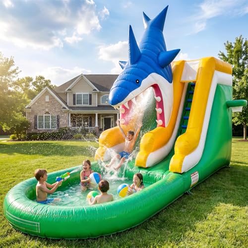 26ft Inflatable Water Slide with Splash Pool & 10M Water Hose & 1100W Blower, 100% PVC Commercial Material Wet/Dry Inflatable Slide for Kids & Adults, Backyard Outdoor Summer Water Play（Shark0.7mm）