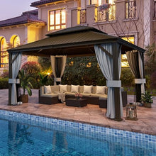 Pamapic 12'x14' Hardtop Gazebo with Double Roof, Netting & Curtains, Brown