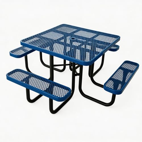Garvee Heavy Duty Metal Picnic Tables for Outdoors with Umbrella Hole, 46" Square Top Patio Table Coated Steel Commercial Grade Furniture Set Weather & Rust Resistant (Expanded Steel, Blue)