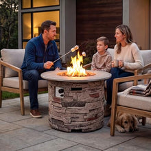COSIEST Outdoor Propane Concrete Fire Pit Table w Imitation Stone Surface 32-inch Round Fire Table, Certified, 40,000 BTU Stainless Steel Burner, Free Lava Rocks, Fits 20lb Tank Inside