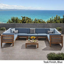 Great Deal Furniture GDFStudio Outdoor 9 Seater Acacia Wood Sectional Sofa Set, Teak Finish and Blue