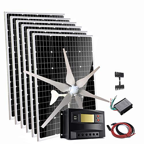 Giosolar 1120W Solar Wind Powered Kit 12V 24V Hybrid System for Roof: 6X 120W Monocrystalline Solar Panel + 400W Wind Turbine Generator + Charge Controller + Cable + Connectors