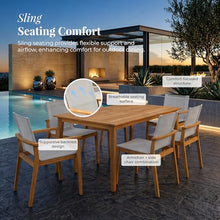 POVL Outdoor Menlo 7-Piece Teak Hardwood Patio Dining Set for 6 — 63" x 35.5” Compact Rectangular Grade A Teak Table, 2 Stacking Armchairs & 4 Stacking Side Chairs - for Small Patios & Decks (Winter)