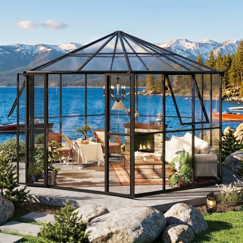 12x10x8 ft Hexagon Greenhouse for Outdoor, Polycarbonate Walk-in Green House, Heavy Duty Aluminum Frame, Lockable Door & Adjustable Vents, for Backyard, Garden, Patio, Outside