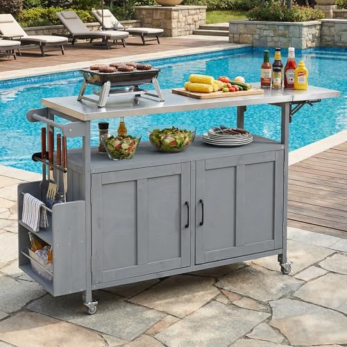 roomfitters Outdoor Kitchen Island with Stainless Steel Top, Rolling BBQ Prep Cart with Folding Drop Leaf, Grey