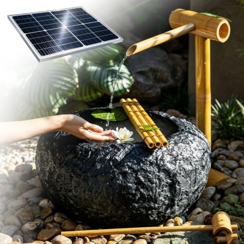 Zen Fountain Kit, Rock Water Fountain Outdoor with Solar Water Pump, Bamboo Garden Waterfall Decor for Garden for Desk Patio Yard