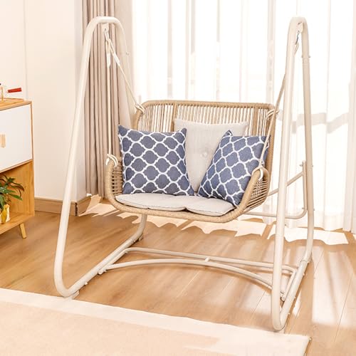 Indoor Outdoor Cloud Swing Chair with Stand, Patio Wicker Glider Loveseat Hanging Swinging with Cushion and Pillows Included, for Patio Balcony Backyard(1-Seater)