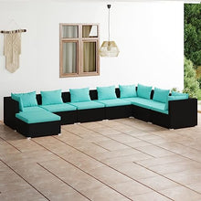 KPOUTRFG 8-Piece Modular Garden Lounge Set in Black and Water Blue, Outdoor Patio Furniture Seating with Cushions for 8 Adults