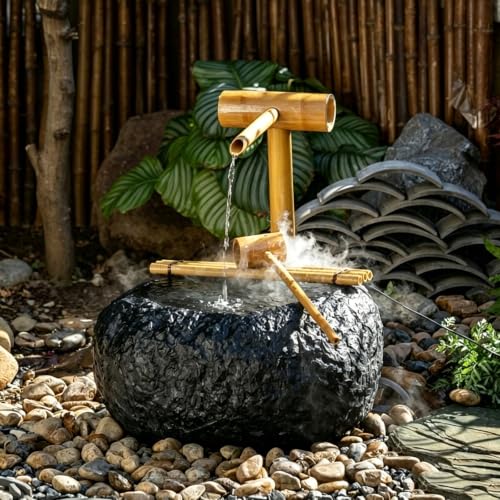 Bamboo Water Fountain with Pump, Garden Waterfall Decor for Garden, Landscaping Accent for Desk Patio Yard