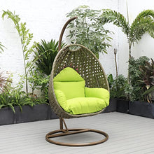 LeisureMod Wicker Rattan Hanging Egg Swing Chair with Stand & Cushion - Light Green Swing Chair for Indoor/Outdoor, Patio, Bedroom, Lounge Seat